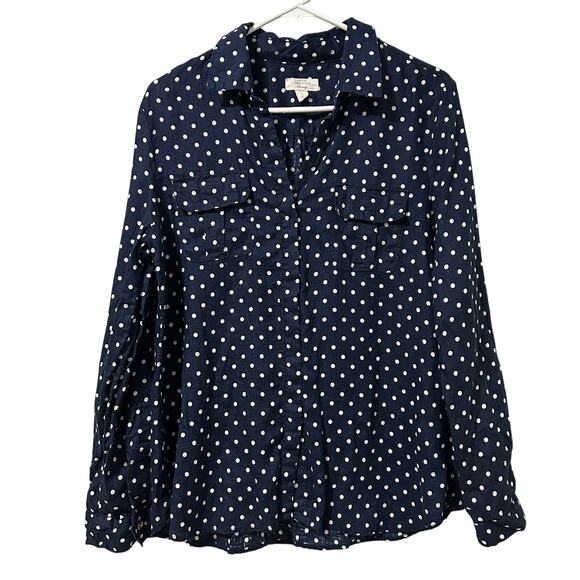 Charter Club Luxury Linen Polka Dot Top Size Medium Navy White Roll Tab Sleeve - Picture 1 of 8